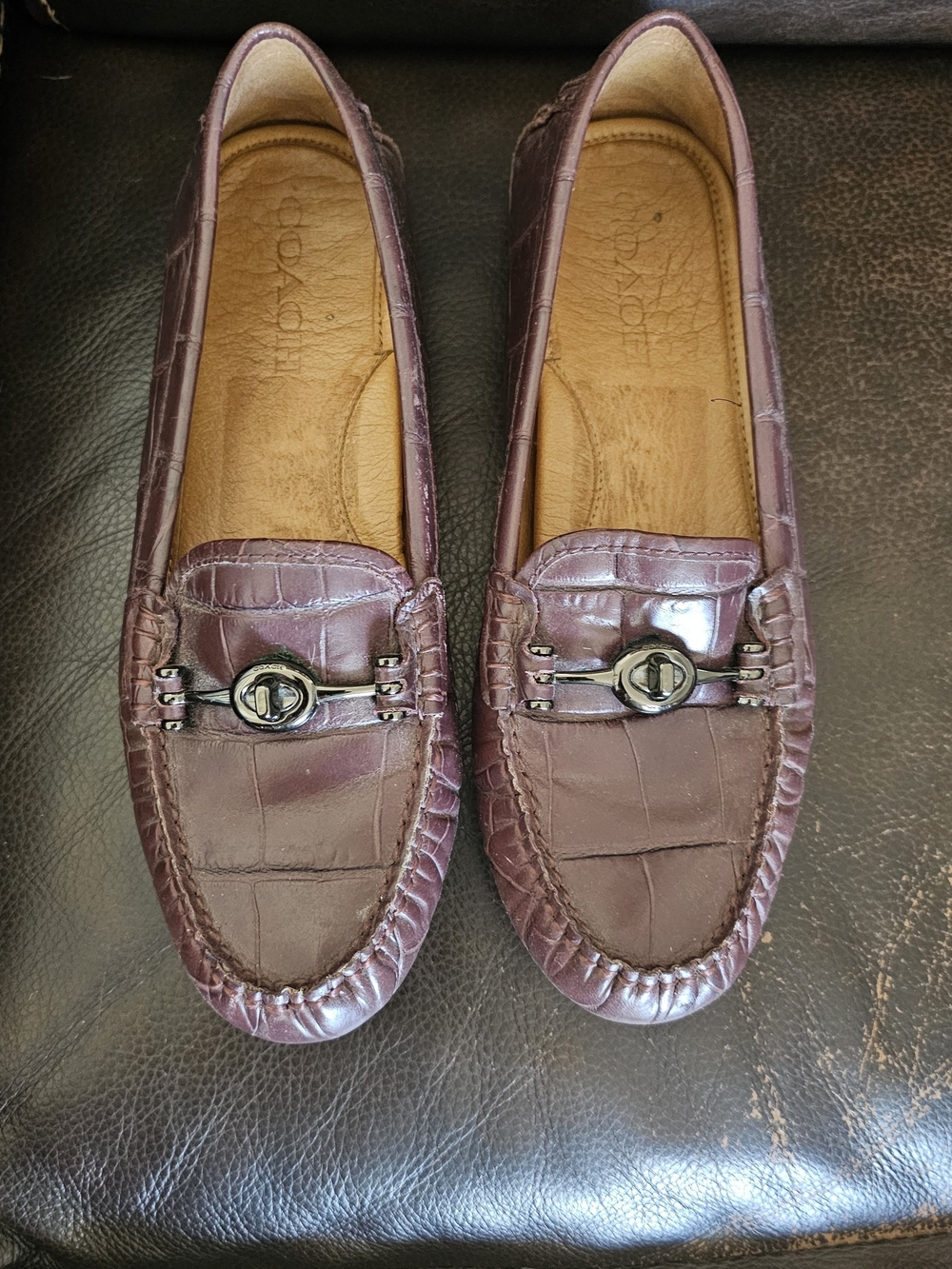 Coach Women's Burgundy Croc-Embossed Leather Loafers